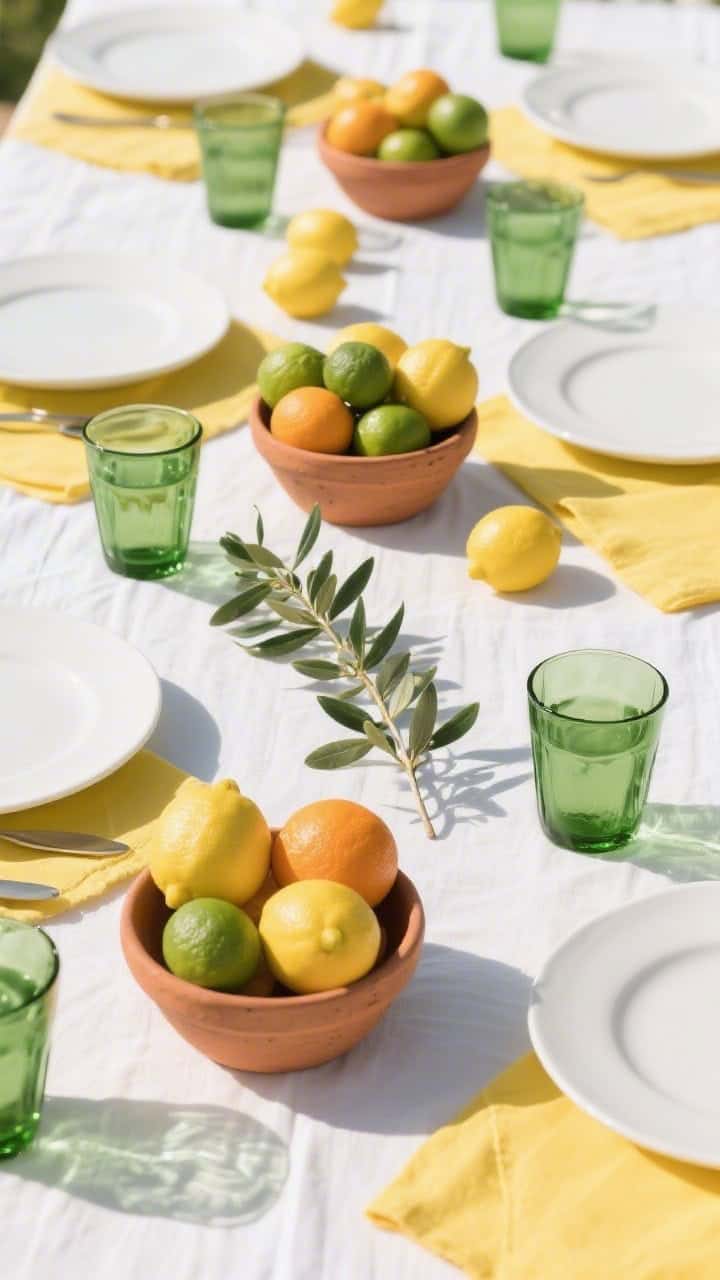 Photorealistic overhead detail shot of a fresh citrus tablescape on a white linen runner: scattered lemons, limes, and clementines gathered in shallow terra-cotta bowls, a single low olive branch garland weaving through the citrus clusters, simple white plates, sunny yellow napkins, and green glass tumblers. Bright, sunlit summer mood with crisp shadows, palette of lemon yellow, leaf green, white, and terra-cotta. No people, focus on juicy color pops and matte clay texture.