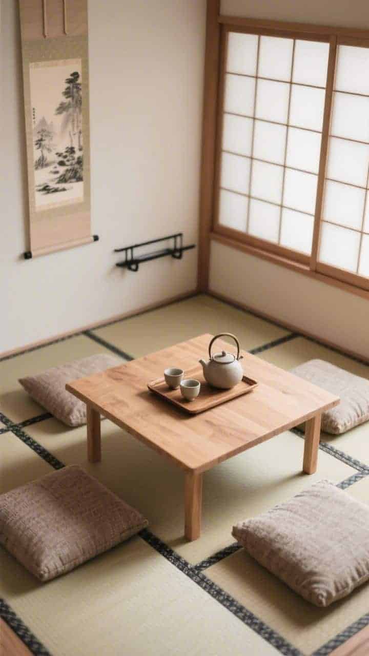 Photorealistic overhead detail shot of a Japandi Tea Alcove: tatami style floor mats surrounding a low square tea table in natural ash; restrained palette of ecru, clay, ink, and pale wood; stoneware teapot with two cups on a wooden tray centered on the table; floor cushions with textured covers and slim backrest bolsters neatly arranged; shoji inspired sliding panels filtering soft light; a single ink landscape scroll on the wall and a slim black metal picture rail nearby; serene, ritual focused composition with clean lines and minimal decor.