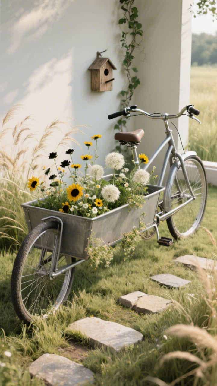 Photorealistic overhead-leaning perspective, medium-wide: a steel-frame bike converted into a bike-and-barrow hybrid with a shallow trough between frame and seat, planted with cosmos, black-eyed Susans, and Queen Anne’s lace for airy movement. Grasses like panicum or carex spilling over the rims. Rustic birdhouse and small stone tabs forming a stepping path. A trailing vine climbing up the handlebar. Soft meadow light, slightly wind-swept.