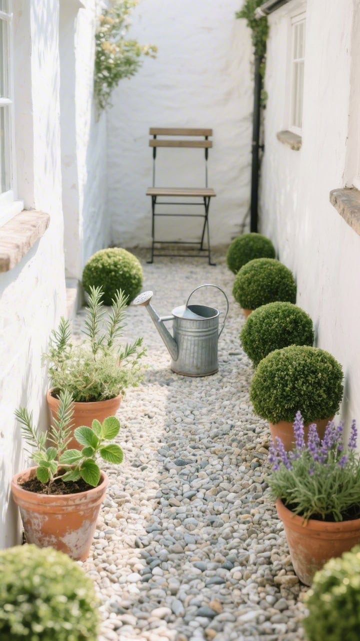 Photorealistic overhead shot of a narrow pea gravel pathway lined with neat low boxwood balls and mounded herbs in aged terracotta pots: rosemary, thyme, oregano, lavender, with mint isolated in its own container. Chalky whites, silvery greens, and terracotta tones dominate. A folding wooden bench sits at the end of the path with a galvanized watering can as decor, soft natural daylight, timeless cottage vibe.