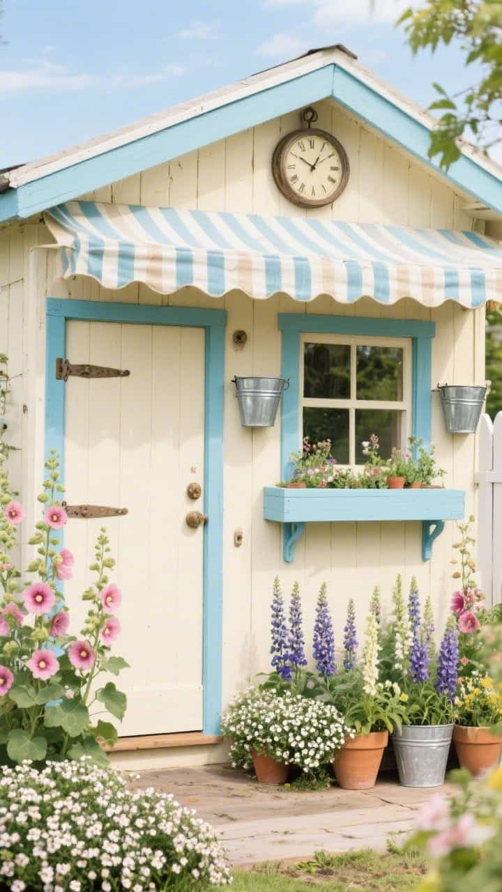 Photorealistic straight-on detail shot of a whimsical potting shed facade built on a fence: a faux half-door and small window box, shelf brackets supporting galvanized tubs. Painted buttermilk with robin’s-egg blue trim. Below, potted hollyhocks, snapdragons, and cascades of sweet alyssum. A striped awning valance above; a vintage clock hangs for charm, bright cheerful daylight.