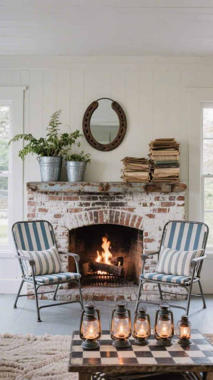Photorealistic straight-on exterior “living room” vignette: a salvaged fireplace mantel mounted on a brick wall. Styled with galvanized sap buckets used as vases for greenery, a horseshoe mirror centered above, and stacks of old field ledgers. In front, a pair of vintage metal lawn chairs with striped cushions flanking a checkerboard side table. A row of lanterns ready for twilight glow. Palette: brick, iron, cream, smoky blue. Campfire coziness without smoke.