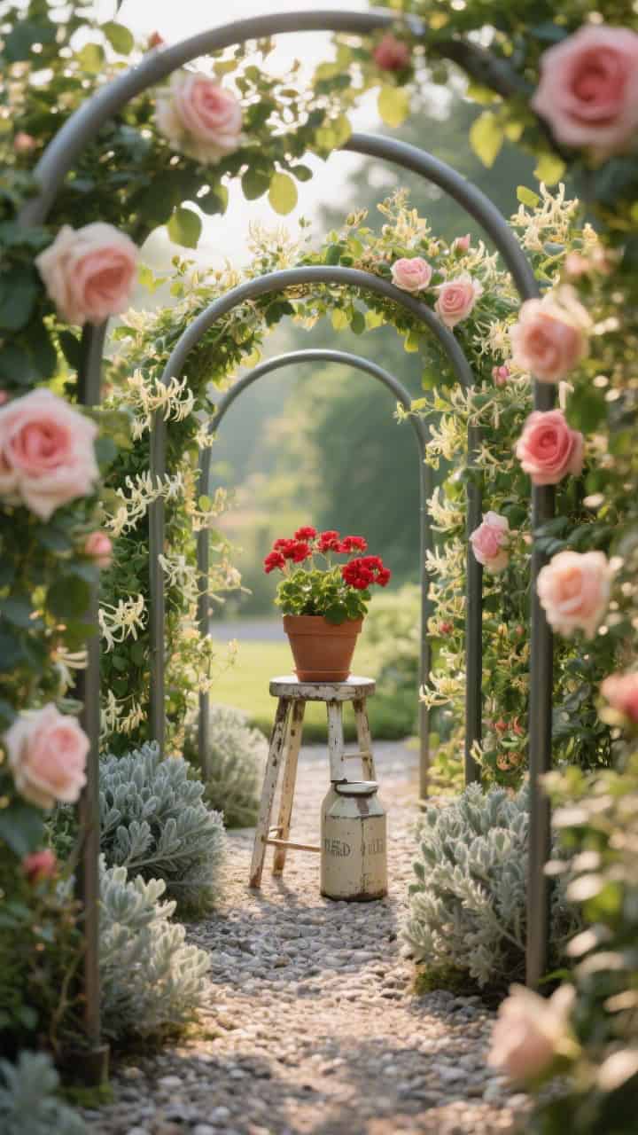 Photorealistic straight-on medium shot down a mini rose tunnel: two to three narrow metal arches close together over a short crushed-granite path. Rambling roses and honeysuckle create a scented passage; lamb’s ear and catmint tuft along the base. At the tunnel’s end, a vintage milk stool holds a potted red geranium as a focal reward, warm afternoon light, soft bokeh.