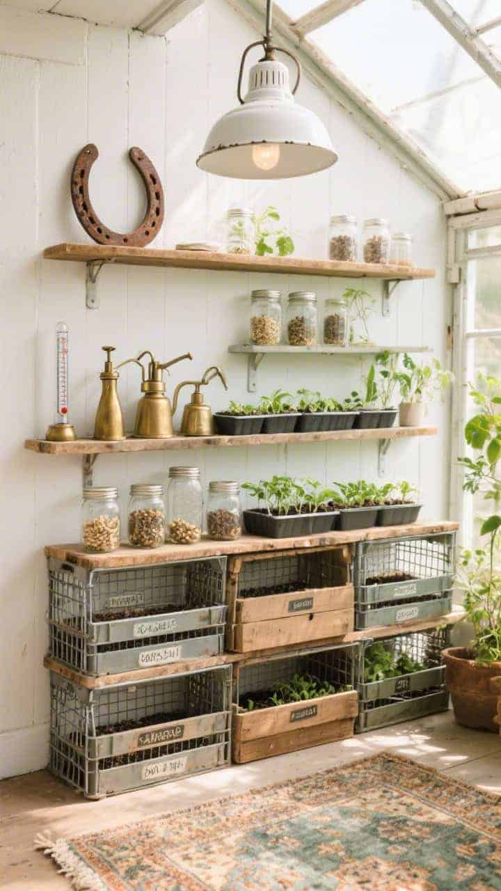 Photorealistic straight-on medium shot of a sunny wall turned mini greenhouse: stacked wire milk crates with reclaimed wood planks forming shelves. Mason jars labeled and filled with heirloom seeds, brass misters and vintage thermometers tucked between trays of seedlings. An old white porcelain barn light overhead casting crisp illumination. A faded Turkish runner on the floor, and a rusty horseshoe mounted above the shelving. Palette: olive, zinc, chalk white, warm tan. Orderly, botanical, slightly geeky mood.
