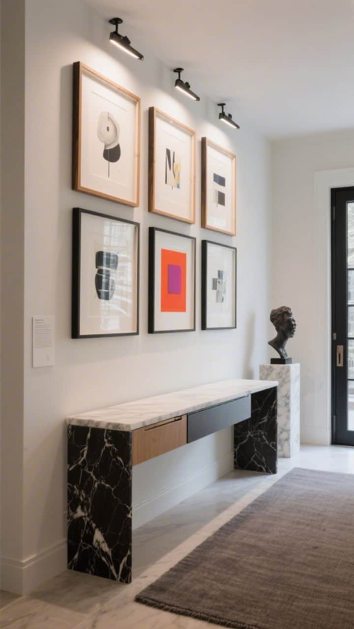 Photorealistic straight-on medium shot of an art collector’s entry: wall lined at eye level with framed contemporary prints (thin black metal and natural maple frames), each lit by picture lights for a museum glow; slim marble console with dark veining and a discreet drawer below; quiet solid wool runner; a small plinth beside the console displaying a single sculpture; one bold-color piece anchoring the arrangement; refined, controlled lighting.