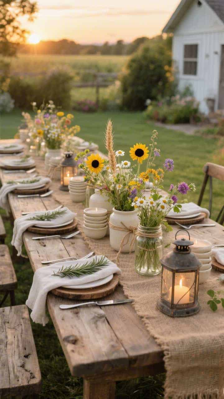 Photorealistic wide alfresco farmhouse dining scene in a backyard at golden hour: a long table with a natural burlap runner, cream stoneware stacked over rustic wood chargers, Mason jars filled with hand-picked wildflowers (black-eyed Susans, chamomile, clover) as a clustered centerpiece, linen napkins tied with twine and a sprig of rosemary at each setting, vintage flatware, and lantern-style candles beginning to glow. Palette of cream, wheat, sage, and wildflower brights. Captured from a corner angle to include ambient garden greenery and warm sunset light.