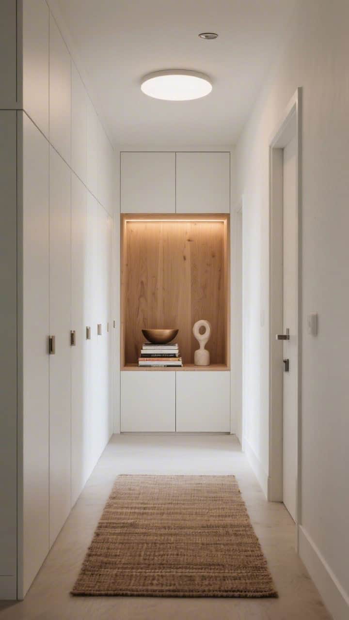 Photorealistic wide, clean-lined hallway with built-in efficiency: a full-height shallow storage wall with push-latch doors painted to match the walls for a seamless look; a central niche cutout lined with warm wood backing; concealed LED strips within the niche casting a soft glow over a styled bowl, a stack of books, and a mini sculpture; low-profile flatweave rug keeping the walkway open; flush-mount disk ceiling light for bright, unobtrusive ambient illumination.