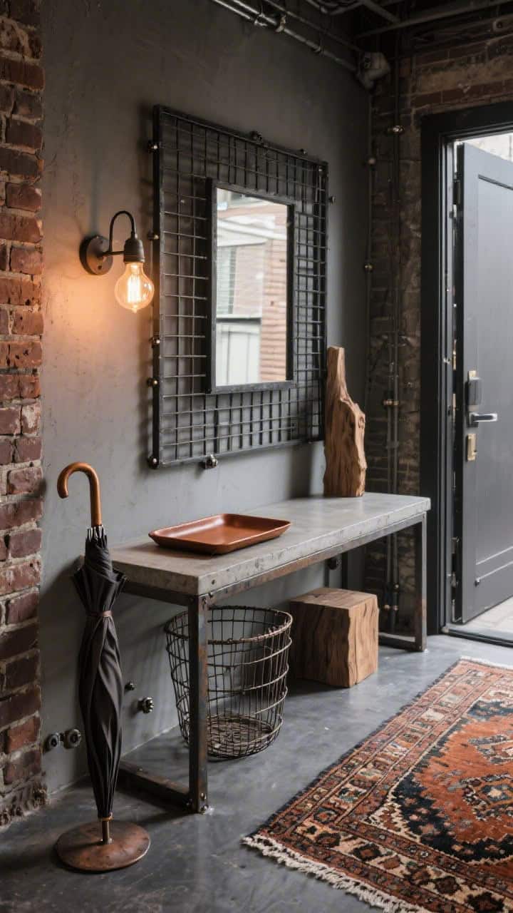 Photorealistic wide, corner-angle shot of urban industrial entry: steel-framed console with concrete top, grid-style black metal mirror above; vintage Turkish kilim in brick and charcoal grounds the space; caramel leather tray on console, Edison-bulb sconce with warm filament glow, patinated umbrella stand; exposed screw heads and a raw-edge wood accent; wire baskets under the console; colors of iron, tobacco, rust, espresso; gritty yet refined lighting.