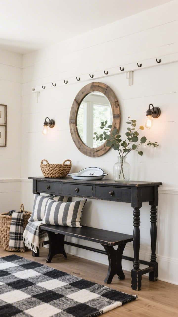 Photorealistic wide farmhouse-modern shot: black spindle bench beneath a shaker peg rail, striped throw pillows on the bench, black-and-cream checkerboard rug underfoot; distressed black console with iron pulls and a rustic round mirror; barn-style Edison sconces flanking the mirror; enamelware tray, braided basket, plaid blanket accents; eucalyptus stems in a milk-glass vase; warm white walls with depth; cozy, bright daylight.