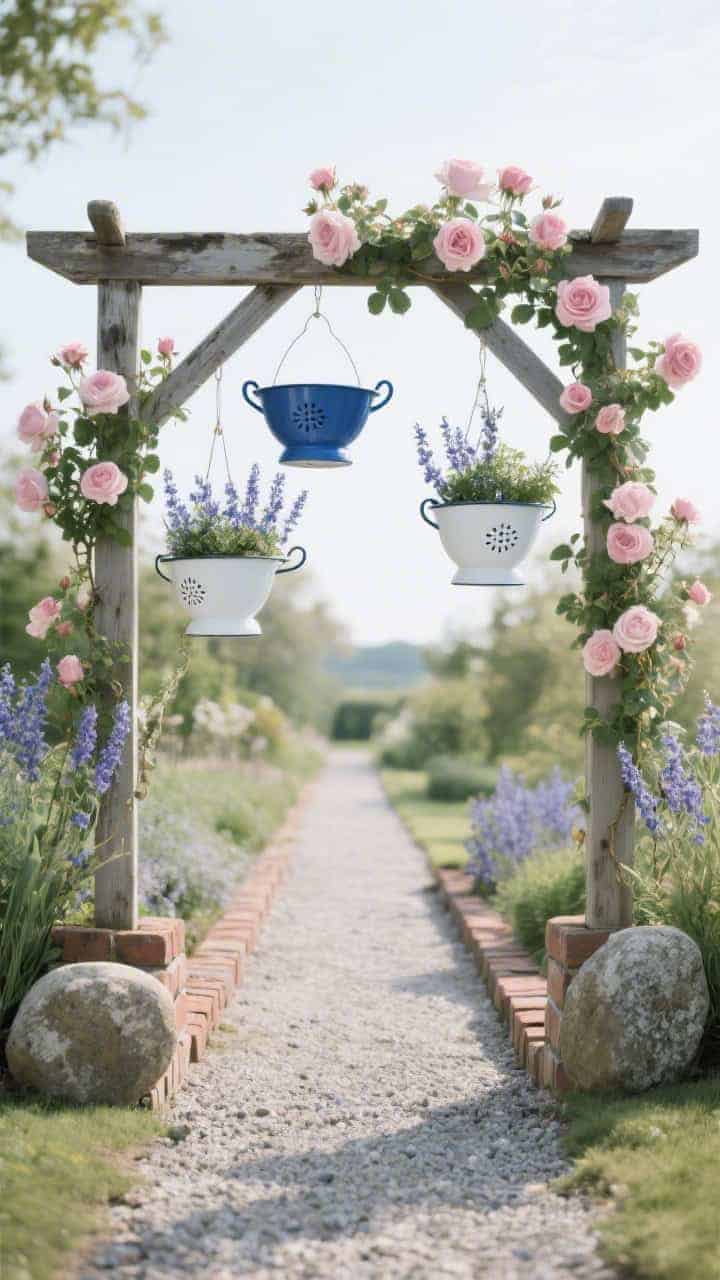 Photorealistic wide garden path scene: an old grain auger frame repurposed as a linear arbor supporting climbing roses. From crossbars, white-and-blue enamelware bowls and colanders hang as planters with trailing lobelia, gently clinking. Gravel path with reclaimed brick edging, and millstones placed at both ends as sculptural plinths. Soft, airy light, palette of soft white, cobalt, rose pink, lichen gray. Poetic, delightfully unexpected ambiance.