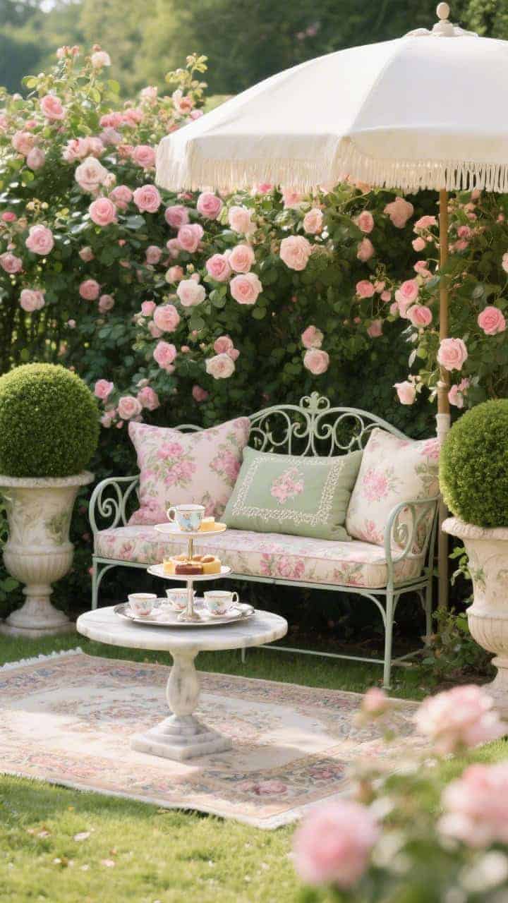 Photorealistic wide garden vignette, straight-on: a curved-back iron bench with scrolled arms beneath abundant climbing roses. Chintz cushions in rose, sage, and cream, layered with a needlepoint pillow. A faded Persian-style outdoor rug anchors the scene. A petite marble-topped table holding a three-tier dessert stand and porcelain teacups on a silver tray. A cream parasol providing shade; boxwood balls in classic urns framing the bench. Romantic, refined English tea garden atmosphere, gentle afternoon light.