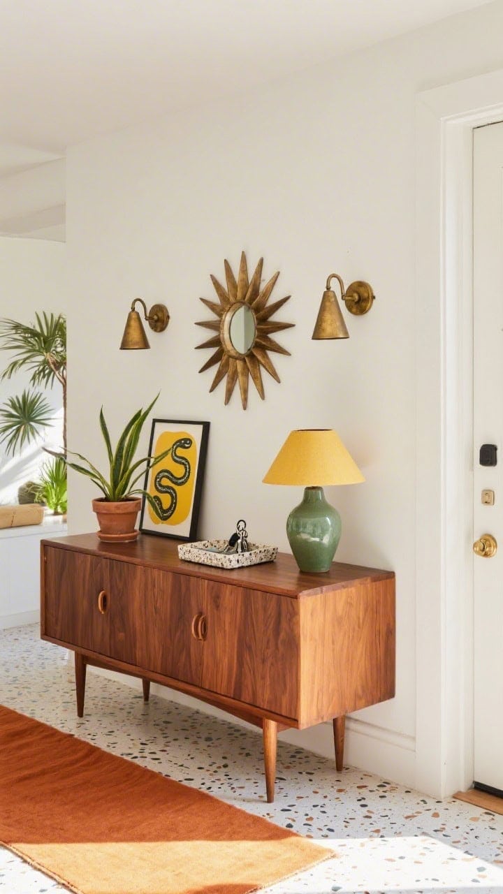 Photorealistic wide, mid-century streamlined entry: walnut credenza with tapered peg legs and finger pulls, starburst mirror above, pair of aged brass cone-shade sconces flanking; mustard or terracotta runner adding retro warmth; ceramic table lamp in avocado atop the credenza; low planter with a snake plant; playful graphic art leaning or hung; terrazzo or speckled resin tray for keys; bright, sunny, Palm Springs-style daylight.