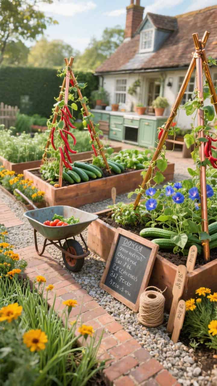 Photorealistic wide overhead three-quarter view of a cottage kitchen potager arranged in neat raised beds with copper A-frame trellises; scarlet runner beans, cucumbers, and indigo morning glories climbing the frames; borders edged with marigolds and chives; paths are a brick and gravel mix for drainage and crunch; styled details include a vintage wheelbarrow, a small chalkboard sign listing the day’s picks, a twine dispenser, and labeled wooden plant markers; color vibe verdant greens, copper glow, tomato red, marigold gold; bright morning light, no people