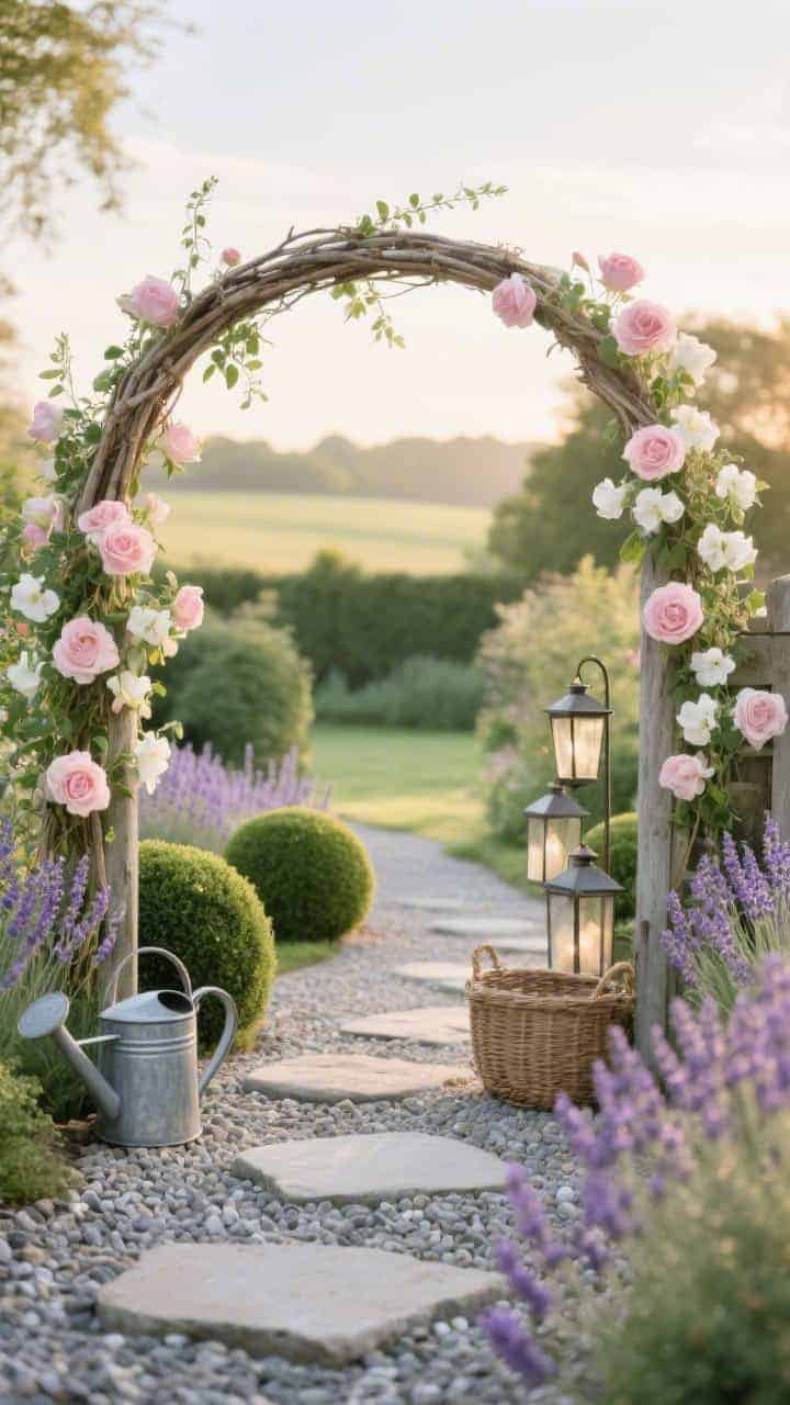 Photorealistic wide shot, countryside-style garden entrance: a softly curved weathered willow arch over a crunchy pea gravel path with natural stepping stones, pale pink climbing roses and white sweet peas twining over the arch, flanked by clipped boxwood spheres and clusters of blooming English lavender; color palette blush, white, sage, gray gravel; styled accents include a zinc watering can, woven basket, and a pair of iron lanterns near the path; gentle golden-hour natural light, romantic, airy mood, no people