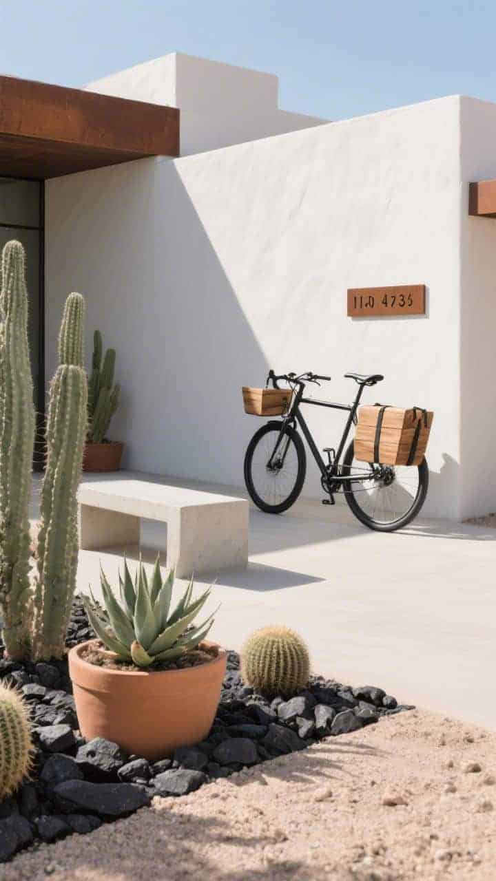 Photorealistic wide shot, desert modern composition: matte charcoal bike with angular wooden panniers, clay-colored liners planted with hardy cacti and aloes, black lava rock topdressing. Set on pale decomposed granite with architectural agaves, a simple concrete bench, and a corten steel address sign. Strong, directional sun with crisp shadows for a minimal, sculptural look.