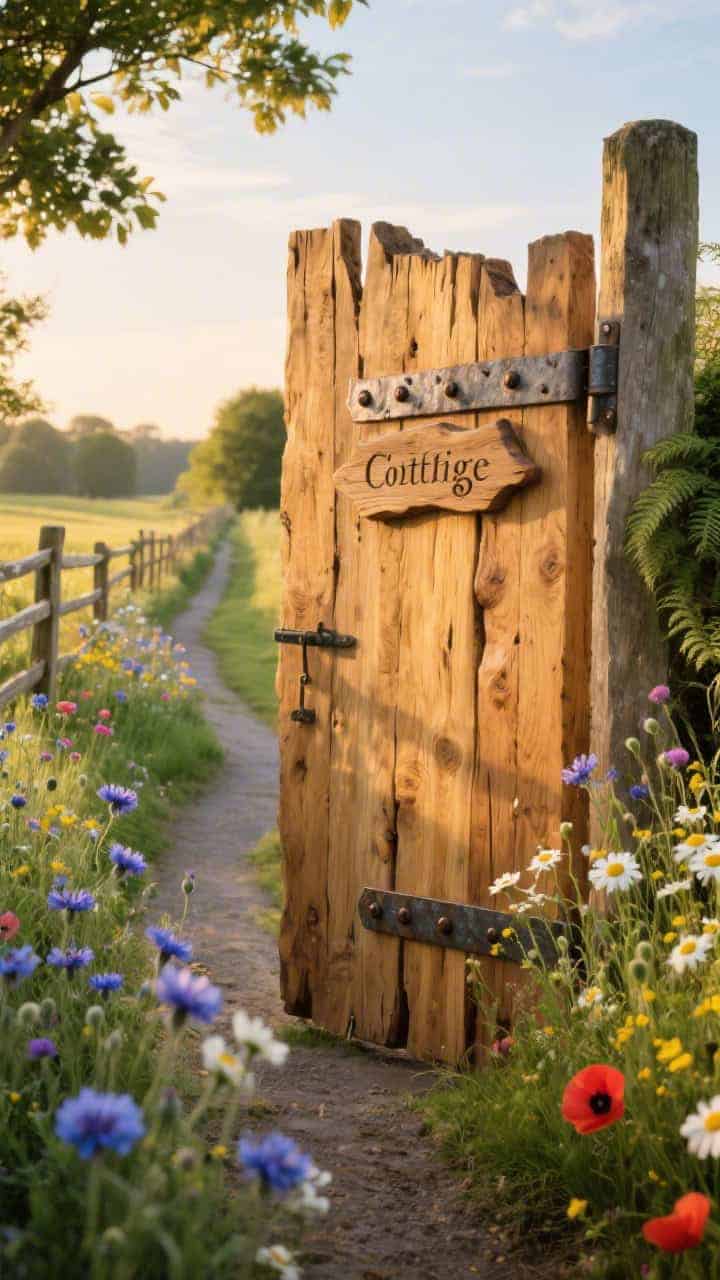 Photorealistic wide shot from a low angle of a rustic vertical oak plank gate with uneven edges, banded by hammered iron straps with round-head rivets, oiled to show honey-toned grain; wildflower verge on both sides with cornflowers, oxeye daisies, poppies, and buttercups in a free, joyful ribbon; a split-rail fence extending into the distance; carved wooden sign with a cottage name on one post; palette of honey oak, meadow brights, and fern green; golden late-afternoon light for warm, country-lane atmosphere.