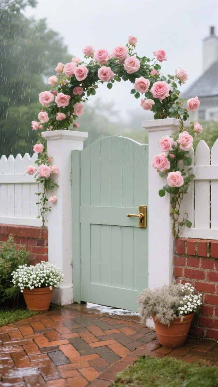 Photorealistic wide shot, gentle corner angle of a soft sage sagittal-top picket gate set in a whitewashed fence; twin arched rose supports overhead heavy with blush-pink climbing roses forming a petal-sprinkled canopy; brick herringbone path warm and wet after rain; brushed brass drop latch catching a soft gleam; terracotta pots with white alyssum and dusty miller by the posts; palette of sage, blush pink, and warm brick red; soft overcast post-rain lighting enhancing color saturation.