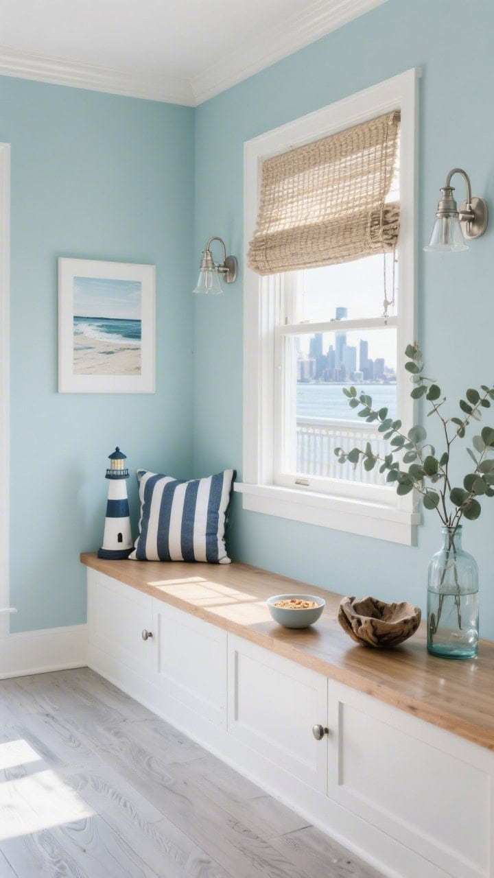 Photorealistic wide shot of a Coastal Breeze Breakfast Ledge: walls painted soft sea glass blue with bright white trim; built in bench with shaker fronts topped by a navy and white striped cushion; narrow oak ledge at railing height set with a cereal bowl and morning latte; woven Roman shades glowing with sun; two brushed nickel nautical sconces flanking the window; decor touches, a mini lighthouse statue, driftwood bowl, and a coastal print; whitewashed plank vinyl flooring; silvery eucalyptus stems in a frosted glass vase; fresh, airy morning light with the window slightly open for a city meets seaside vibe, straight on composition.