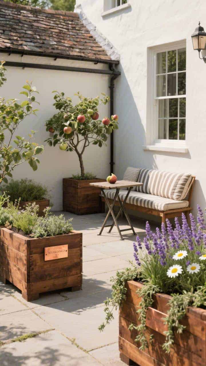 Photorealistic wide shot of a crate-style cottage courtyard: oversized warm chestnut-stained wood planters aligned to form a small outdoor room. Copper plant labels gleam; one planter holds a dwarf apple (or fig) tree, another bursts with lavender and daisies, trailing thyme softens edges. A folding bistro bench with striped cushions faces inward, sunlit pocket piazza feel, crisp shadows.