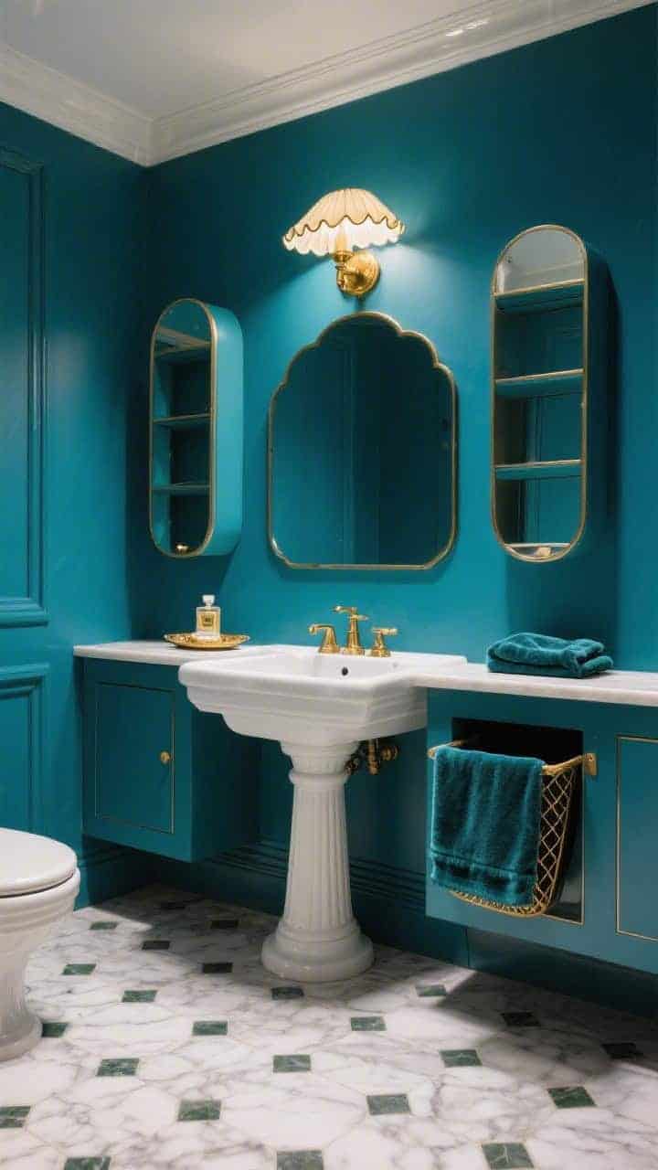 Photorealistic wide shot of a glam deco powder room: deep peacock blue walls, pedestal sink flanked by two narrow mirrored storage towers reflecting light, integrated pull-out hamper partially open, scalloped brass sconce above, marble hex tile floor, small perfume tray and a folded velvet hand towel on a minimal surface; jewel-box mood with warm brass highlights; centered straight-on composition