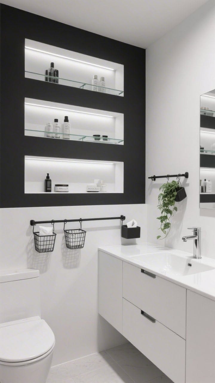Photorealistic wide shot of a monochrome modern bathroom: matte white walls with a single black feature wall carved with three long recessed niches lined in white porcelain, each niche with LED strip lighting and glass shelves showcasing neatly arranged items; along the vanity wall, a black metal rail system with clip-on baskets, tissue box caddy, and a hanging plant; floating vanity with finger-pull drawers; high-contrast white and black with minimal chrome; gallery-clean, straight-on view