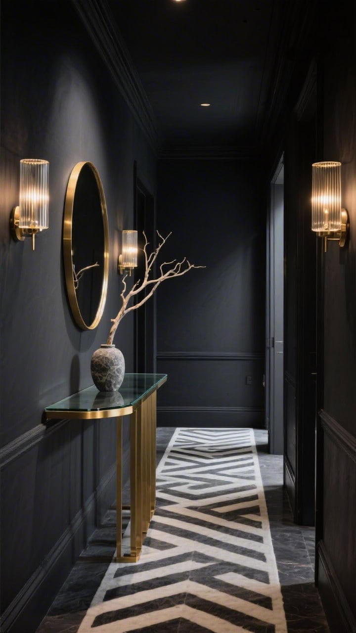 Photorealistic wide shot of a moody charcoal hallway where walls and trim are painted deep charcoal for a cocoon effect; a slim brass console with a smoked glass shelf; a round brass mirror above; black-and-ivory geometric runner grounding the space; ribbed glass sconces emitting warm glow; a single sculptural branch in a stone vase on the console; dramatic, boutique-hotel mood.