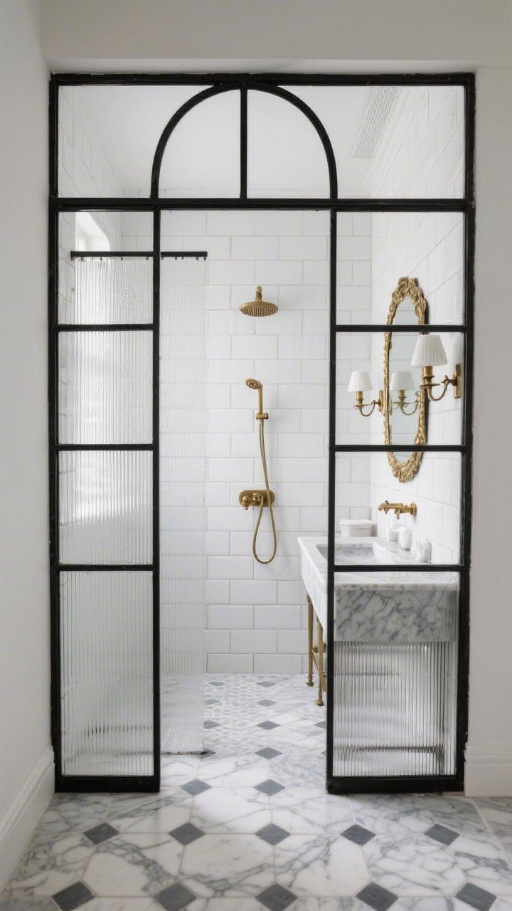Photorealistic wide shot of a Parisian-inspired shower framed in a slim black metal grid with fluted glass panes for privacy; interior walls in white subway tile with dark grout and a small marble hex tile floor; brass shower fixtures; a petite marble-topped vanity nearby; vintage-style sconces flanking a small gilt mirror; soft gray accents and balanced bounce light through the fluted glass; straight-on composition highlighting the gridded frame symmetry; palette: white, black, aged brass, soft gray, marble accents.