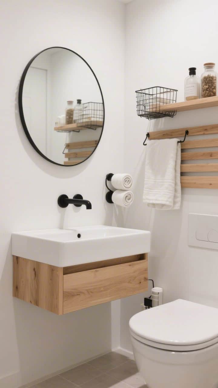 Photorealistic wide shot of a Scandinavian spa-style small bathroom: matte white walls, floating natural oak vanity with a slim integrated sink, frameless round mirror above, matte black hooks holding rolled towels, slatted oak wall shelves above the toilet with wire baskets and apothecary jars; hidden pull-out drawer peeking slightly from the vanity; warm white light, calm spa vibe, warm white, natural oak, and black accents; straight-on perspective, clutter-free