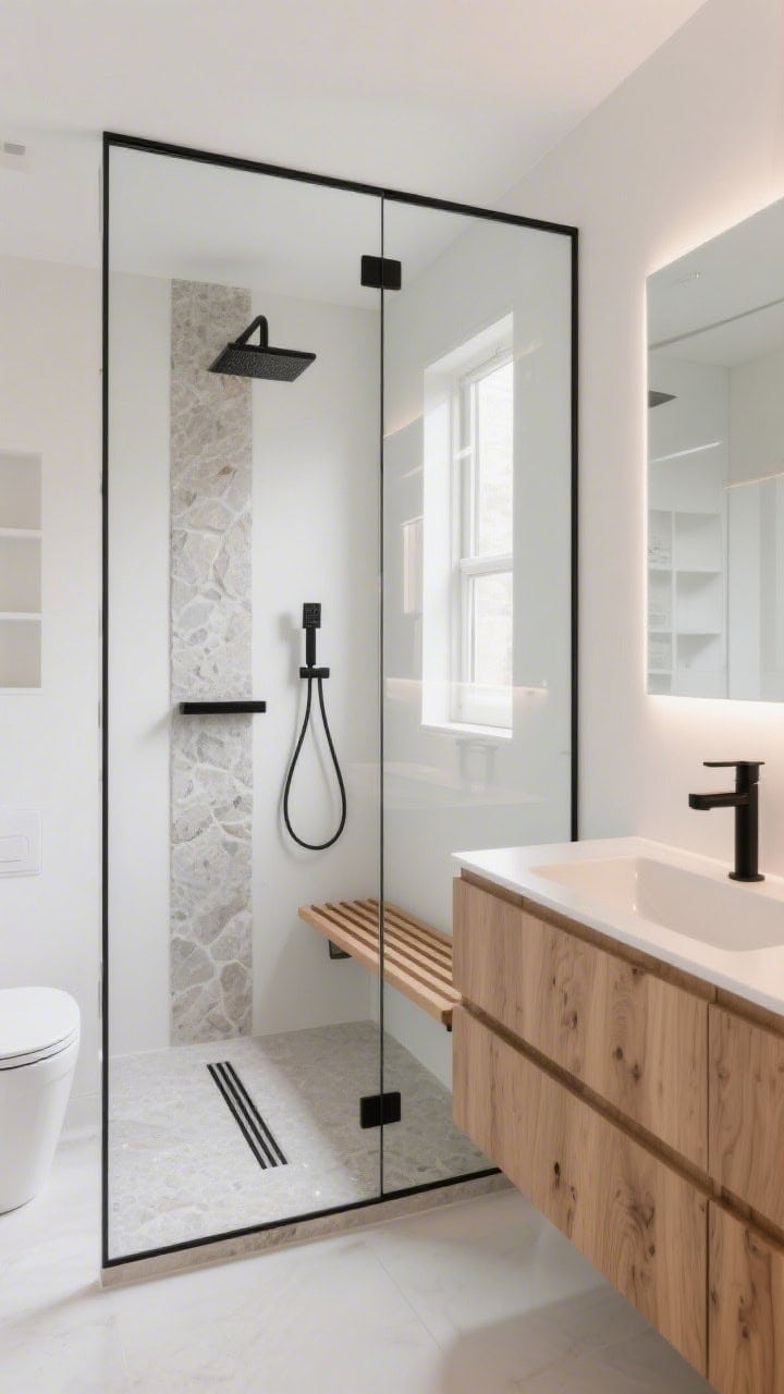 Photorealistic wide shot of a small bathroom featuring a frameless floor-to-ceiling glass cube walk-in shower; inside, a stone-look flush shower pan with a slim linear drain and a narrow LED-backlit wall niche; outside, a warm oak vanity with a thin solid-surface trough sink; matte black fixtures including a wall-mounted shower system and faucet; a single teak slat bench inside the shower; soft white walls, minimal decor, clean sightlines; bright natural daylight with soft reflections; angle from the room corner to emphasize openness; palette: soft white, warm oak, matte black.