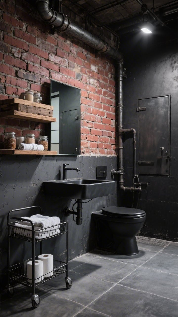 Photorealistic wide shot of an industrial loft bathroom: exposed-brick wallpaper accent wall, charcoal concrete-look tile floor, matte black wall-mounted sink freeing floor space, iron pipe shelving over the toilet with chunky reclaimed-wood planks holding rolled towels and jars, rolling wire cart under the sink with extra towels and toilet paper, mirrored-front metal medicine cabinet; gritty-chic palette of charcoal, brick red, oak, matte black; moody directional lighting; slightly low angle