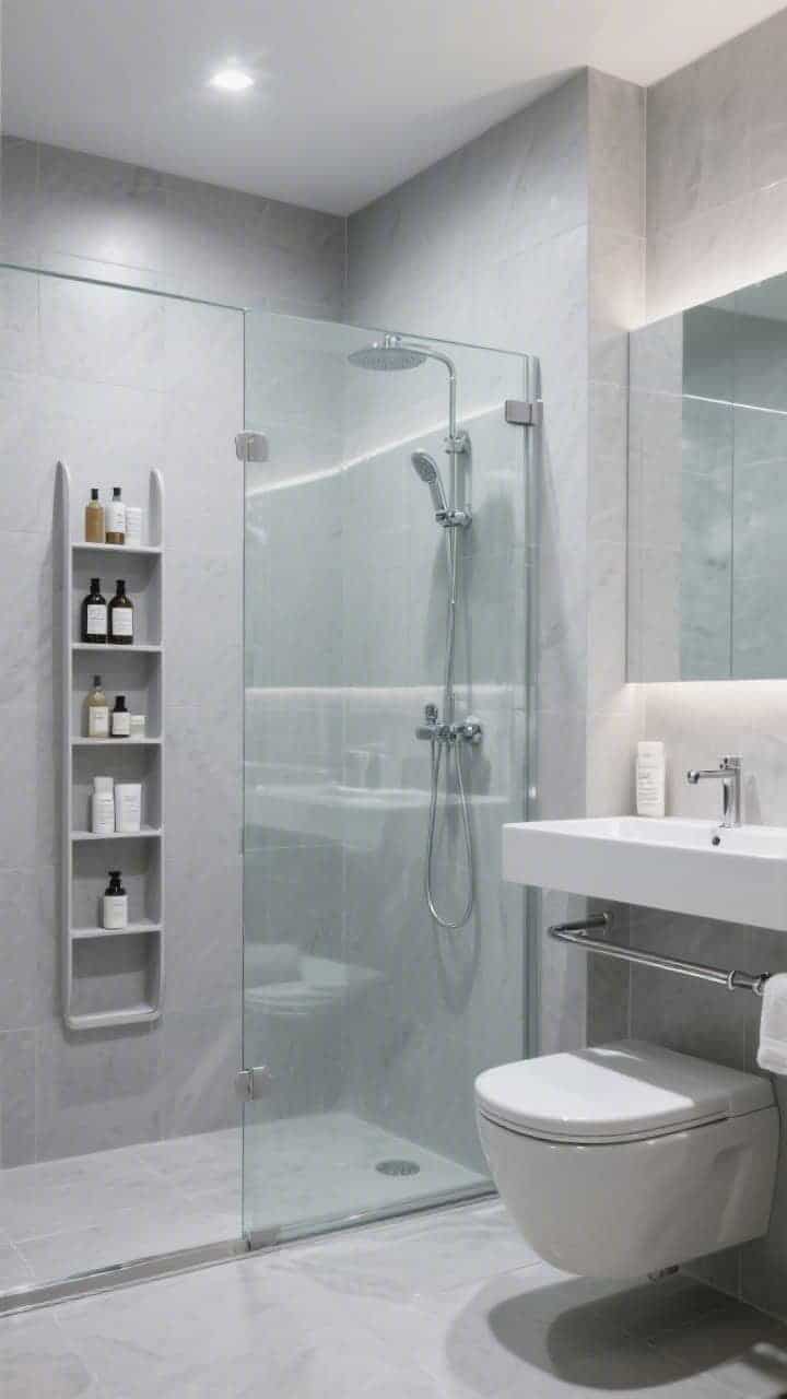 Photorealistic wide shot of an urban wet room: fully tiled in light gray porcelain on walls and floor, a single clear glass panel zoning the shower, continuous glass ledge running behind the sink and along the shower wall holding bottles and grooming kits, vertical niche ladder in the shower with five stacked recessed pockets sized for bulky containers, wall-hung vanity and wall-hung toilet keeping floors clear, heated towel bar; soft gray, chrome, clear glass palette; crisp hotel-modern lighting, slightly elevated angle