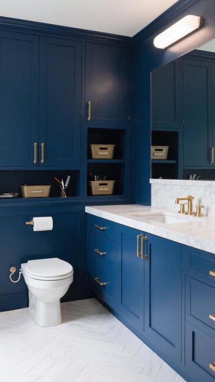 Photorealistic wide shot of navy built-ins: a full built-in wall painted rich navy framing the toilet and a pocket-depth vanity that sits flush within shaker-style cabinetry, brushed brass pulls, labeled bins visible in open cubbies, slim drawer for hair tools slightly open, white quartz countertop, bright herringbone floor; tailored, efficient vibe; balanced frontal composition with even lighting