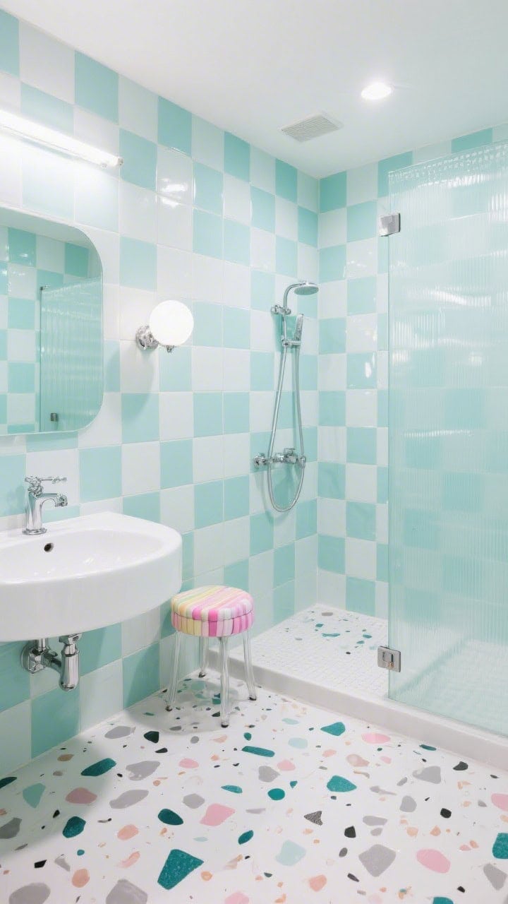 Photorealistic wide shot of retro glam: terrazzo-look porcelain floor with oversized chips in blush, teal, and soft gray; walk-in shower walls tiled in a glossy pastel grid (pale mint) with matching colored grout; polished chrome fixtures; a rounded-edge white lacquer vanity; a bubble-globe sconce and a candy-colored bath stool; clear simple shower glass to showcase patterns; bright, playful lighting with subtle reflections; corner perspective to display floor and wall interplay; palette: white, mint, multicolor terrazzo chips.