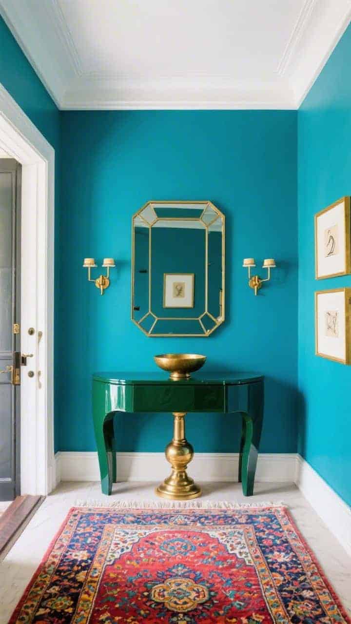 Photorealistic wide shot with bold color pop: entry wall painted rich cobalt (or emerald) with a matching high-gloss lacquer console centered for a monochrome effect; brass sconces flanking a crisp rectangular mirror with mitered corners; vivid vintage Persian runner bursting with saturated color; polished brass pedestal bowl on console; white ceiling and baseboards for contrast; small gallery of gold-framed sketches; bright, balanced lighting to enhance lacquer sheen.