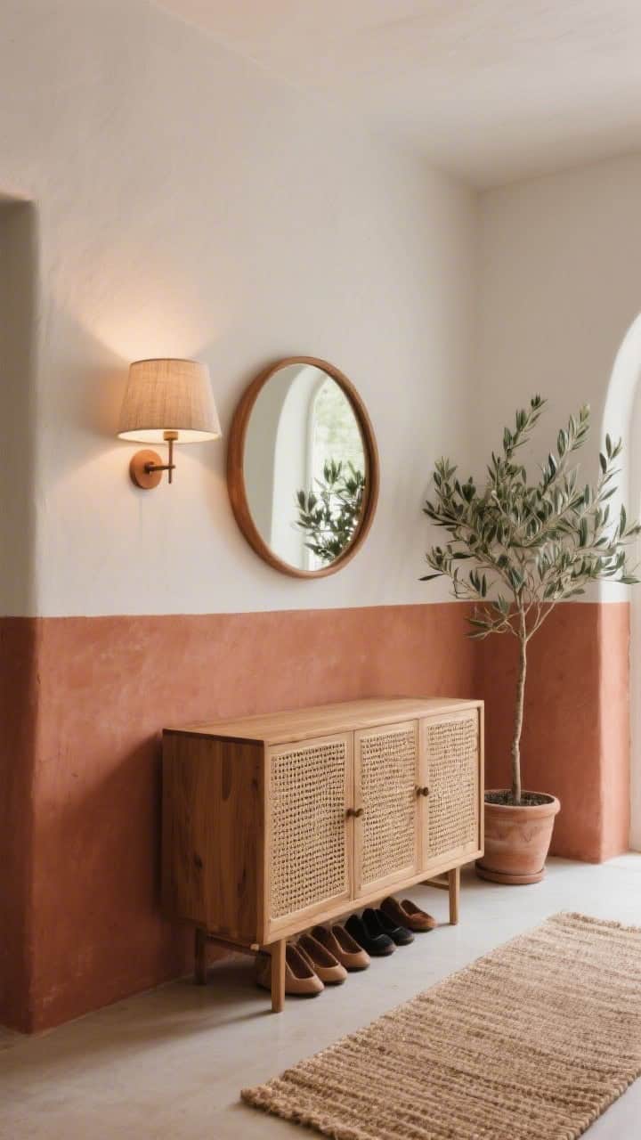 Photorealistic wide shot with earthy warmth: walls painted two-tone with the lower two-thirds muted terracotta and upper section off-white to add height; a woven-front shoe cabinet providing tactile storage; natural sisal runner along the floor; round wood-framed mirror reflecting light; a terracotta wall sconce with linen shade casting warm illumination; a slim potted olive tree tucked in the corner for life and movement.