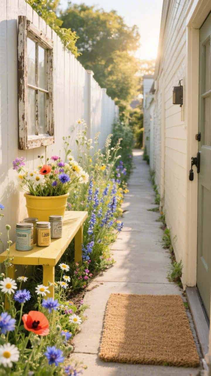 Photorealistic wide side-yard alley shot: a narrow path hugged by wildflower mix borders—cornflowers, poppies, chamomile, and larkspur dancing together. A salvaged window frame hangs on the fence as garden art. A distressed butter-yellow potting bench holds vintage seed tins; a shallow shelf displays jars of cut blooms. A natural jute doormat at the path entrance, golden afternoon light.