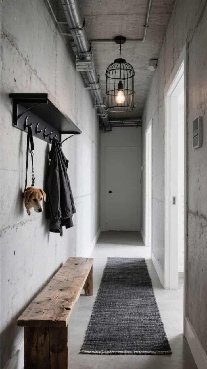 Photorealistic wide, slightly low-angle industrial hallway: cool gray concrete-look or limewashed walls; a black steel wall-mounted shelf with hooks for coats and dog leashes; reclaimed plank bench adding warmth; flatweave charcoal runner durable underfoot; matte black caged ceiling light providing warehouse-chic illumination; urban, tough-edged styling.