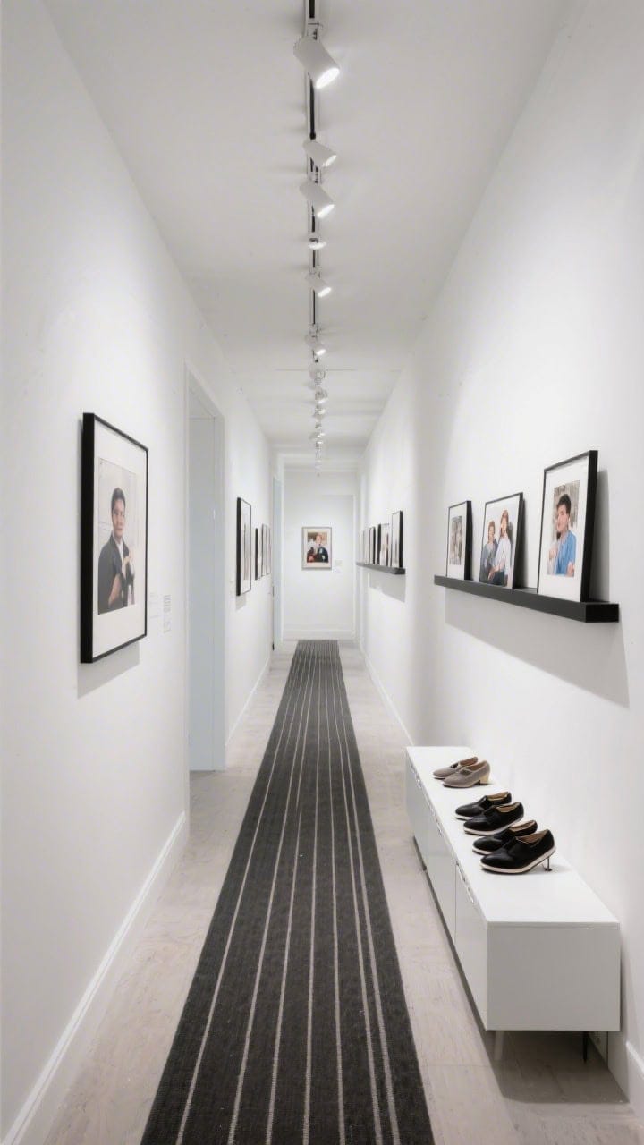 Photorealistic wide, straight-on gallery-hall view: crisp gallery-white walls with minimal black picture ledges running the hallway length, displaying rotating prints and family photos; a low-profile matte white shoe credenza blending into the wall; ceiling-mounted track lights aimed at the artwork; a simple stripe runner leading the eye; clean, curated exhibition feel.