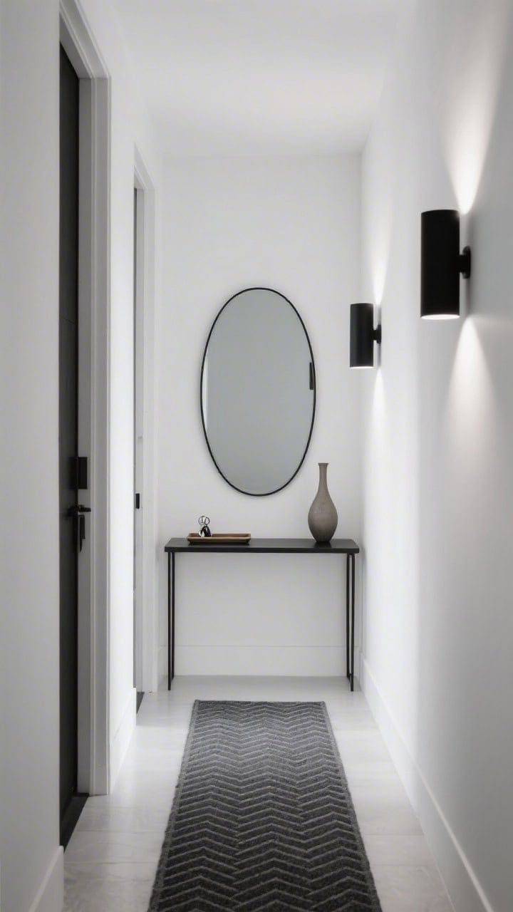 Photorealistic wide, straight-on shot of a narrow white hallway featuring a slim black floating console with clean lines, an oval mirror mounted above that elongates the sightline, a small tray for keys and a slim ceramic vase on the console; charcoal micro-herringbone runner on the floor; matte black up-and-down wall sconces casting a gallery-like glow; minimal, clutter-free, high-contrast monochrome palette.