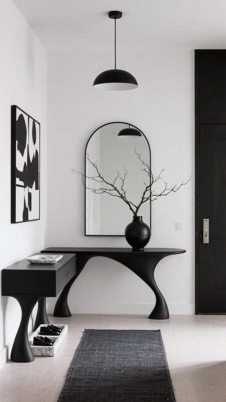 Photorealistic wide, straight-on shot of a sculptural minimalist entryway in black and white: matte black console with sculptural legs against crisp white walls, slim oversized arched mirror leaning above, charcoal runner on light floor, single black ceramic vase holding a dramatic branch, flush-mount matte black disc pendant on ceiling; include a honed marble tray on the console, hidden-drawer hint, low-profile shoe tray, one bold black-and-white abstract artwork; moody but even gallery lighting.