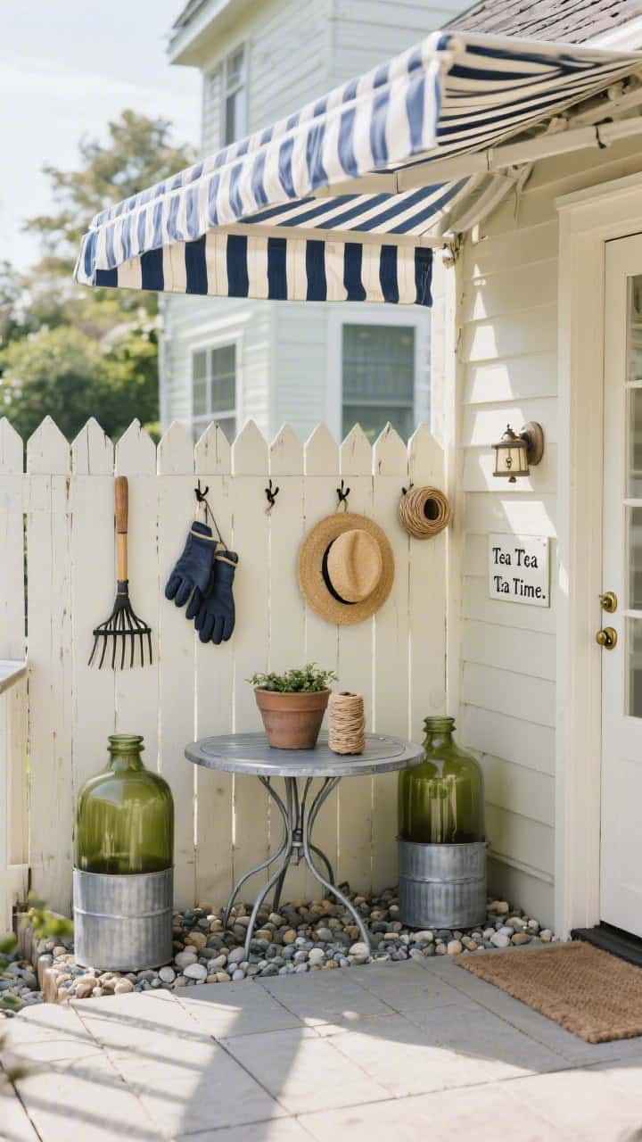 Photorealistic wide terrace along a house: reclaimed picket fence panels forming a slim screen. Upside-down rake heads mounted as hooks holding gloves, straw hats, and twine spools. A metal potting table centered between two tall olive jars, pebble gravel underfoot, and a striped navy-and-cream awning fabric providing shade. Near the table, a small vintage doorbell button labeled “Tea Time.” Palette: soft cream, sage, galvanized gray, navy stripe. Breezy, tidy, weekend-project feel.