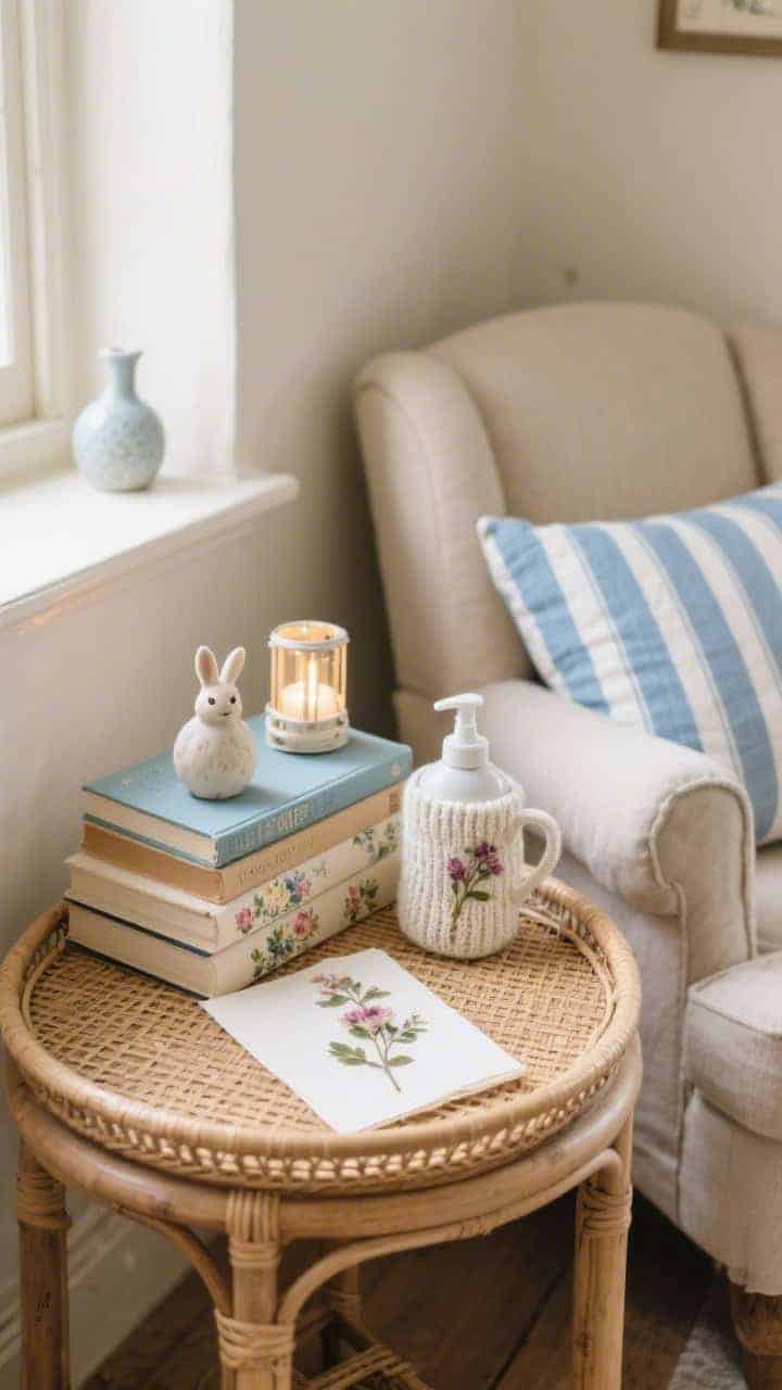 Reading nook medium shot in a cozy corner: a round cane-bottom tray on a wooden side table beside a comfy chair; a stack of floral hardcover books with a pressed-flower bookmark on top; a blue-and-white ticking stripe pillow spray bottle; a mug wrapped in a knit cozie; a mini lamp or candle lantern casting soft, warm light; a tiny ceramic rabbit peeking from behind the book stack. Palette natural cane, soft blue, cream, bookish florals. Materials cane, cotton knit, paper, ceramic. Calm, storybook cottage vibe in diffused afternoon light.