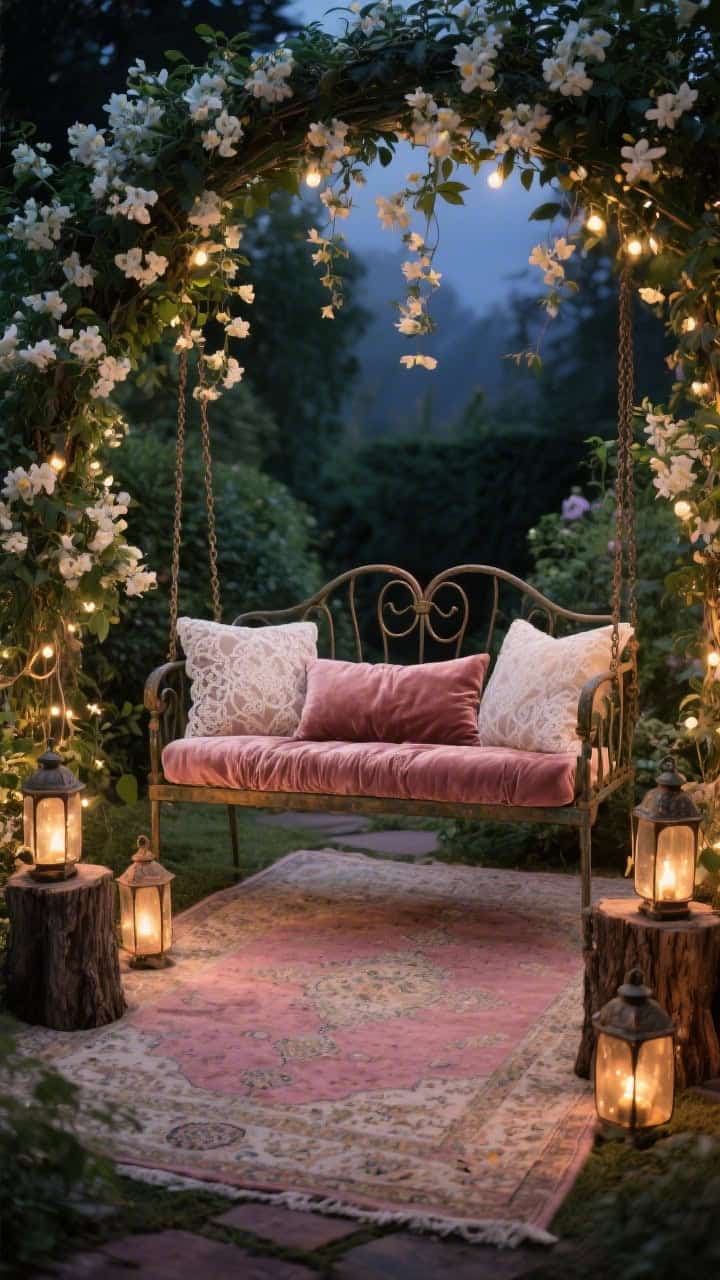 Romantic, low-light wide shot of a secret garden: a curved-back iron swing nestled beneath an arch of jasmine and clematis. Layered lace-edged pillows and a velvet bolster on the seat. Antique lanterns scattered on tree stumps cast warm pools of light; fairy lights threaded low through foliage. A Persian-style outdoor rug in faded rose underfoot. Palette dusty rose, ivory, moss, oxidized bronze; textures velvet, lace, worn weave. Twilight ambiance with night-blooming jasmine atmosphere.