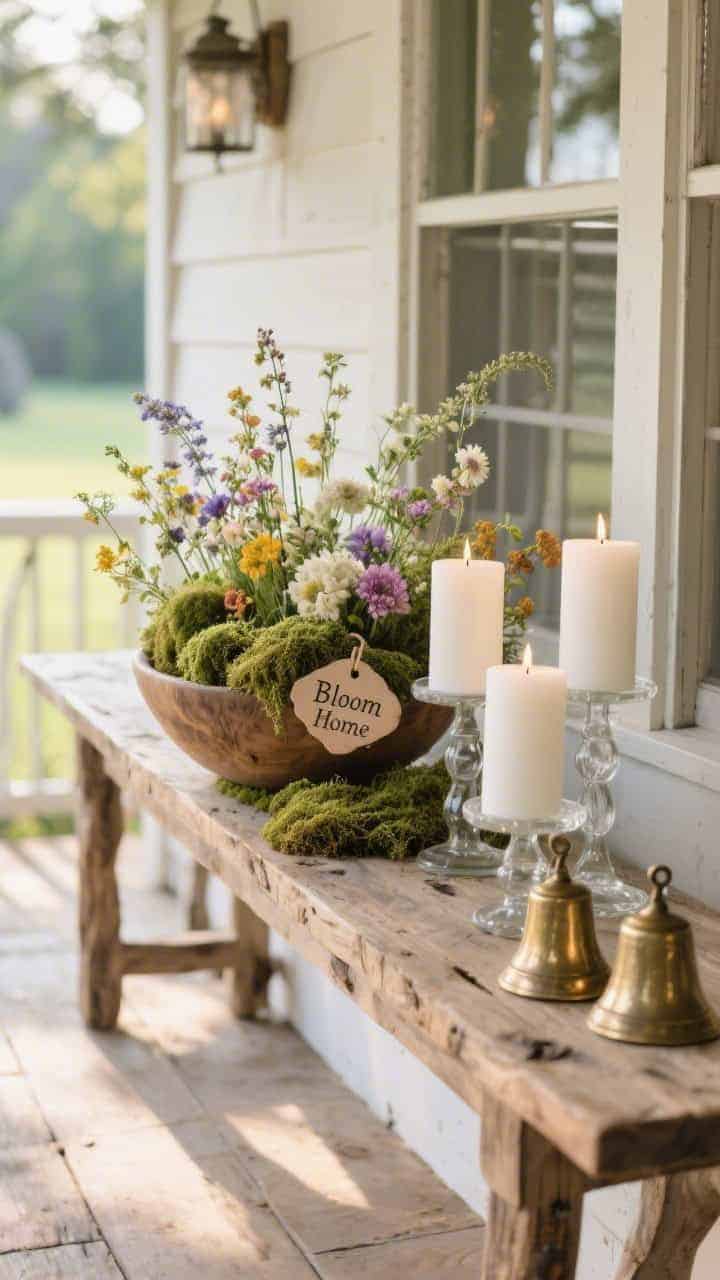 Rustic porch console wide shot: a long, narrow hand-carved dough bowl filled with layered Spanish moss, clusters of faux wildflowers in varied heights and colors, and a trio of white pillar candles set in clear glass hurricanes glowing warmly; weathered clay tags stamped “Bloom” and “Home” nestled among the moss; two antiqued brass bells resting at one end. Palette natural wood, ivory, wildflower tones. Materials dough bowl, glass, preserved moss, brass. Breezy, lived-in countryside mood with outdoor ambient light and gentle shadows.