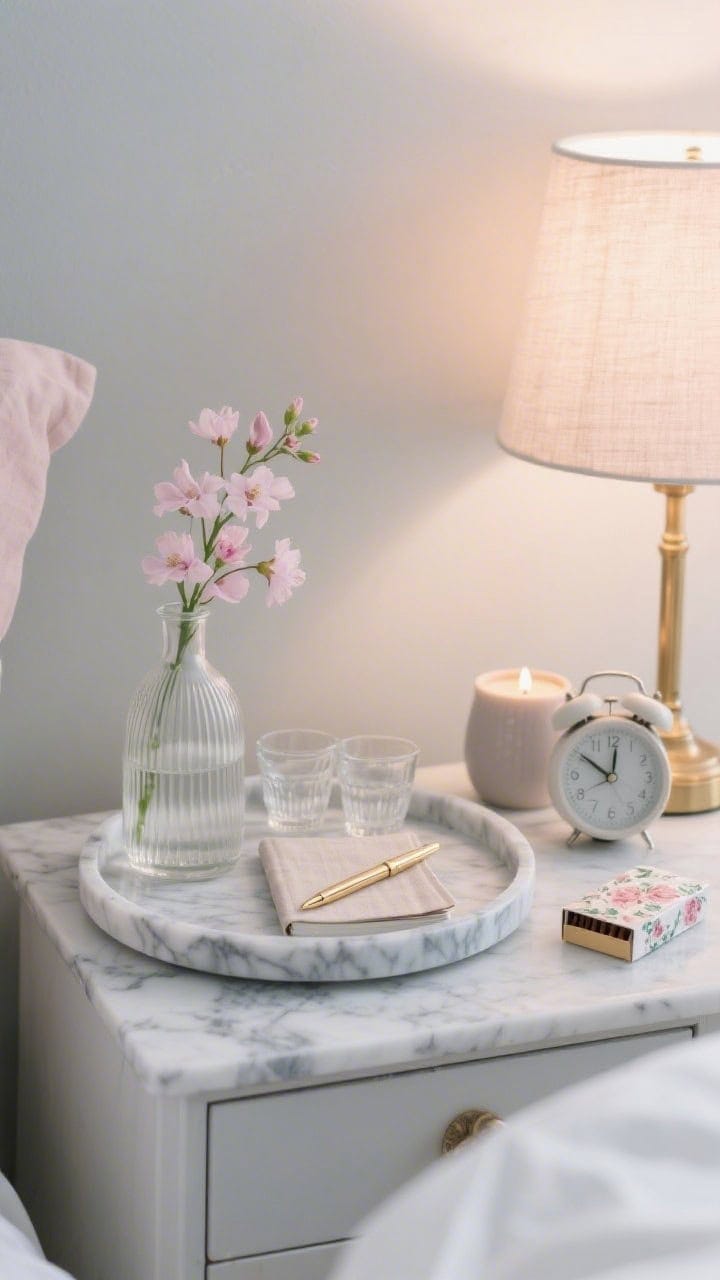 Serene bedroom nightstand closeup: a round marble-look tray with soft gray veining holding a ribbed glass water carafe with matching tumbler, a linen-bound journal, and a brass pen; a mini bud vase with pale pink sweet peas (or cherry blossoms); a matte ceramic alarm clock; and a floral-printed matchbox beside a tiny travel candle. Palette soft gray, blush, brass, white. Materials faux marble, glass, linen, ceramic. Uncluttered, feminine farmhouse mood with soft bedside lamp glow and dawn light.