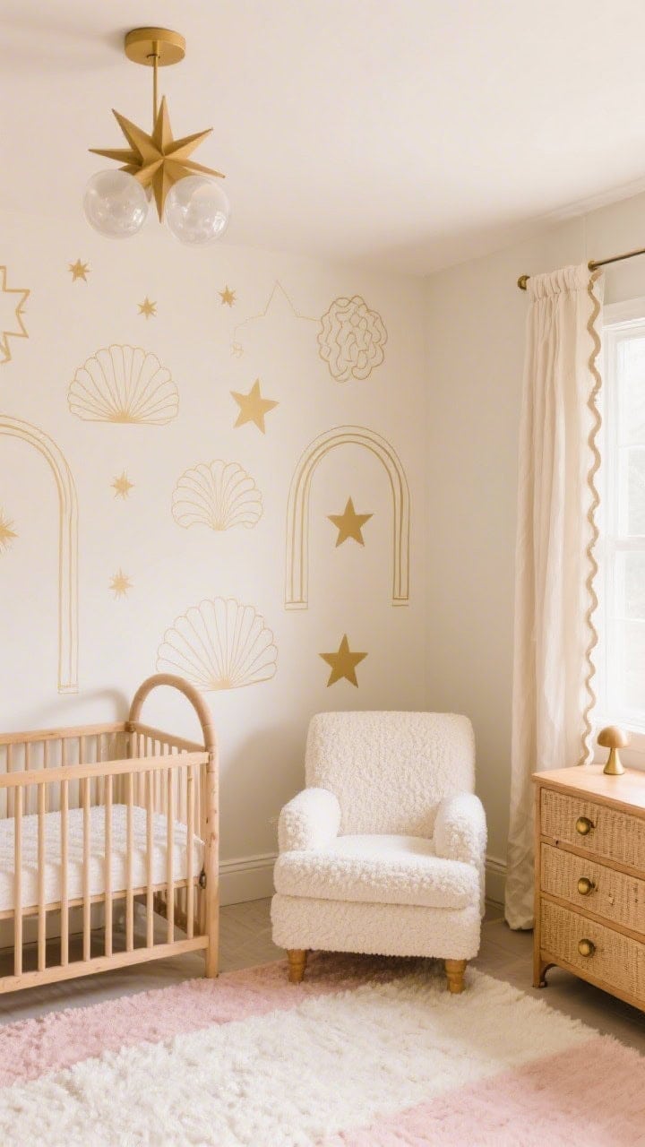 Soft, medium shot of a nursery corner, straight-on: buttermilk walls overlaid with gentle gold linework mural of arches, stars, and scallops spaced widely for airiness; natural wood crib with rounded rails; cream boucle glider nearby; starburst flush mount with frosted globes overhead; blush-and-ivory rug; linen curtains with subtle scallop hem; cane-front dresser with brass mushroom knobs; warm, serene light.