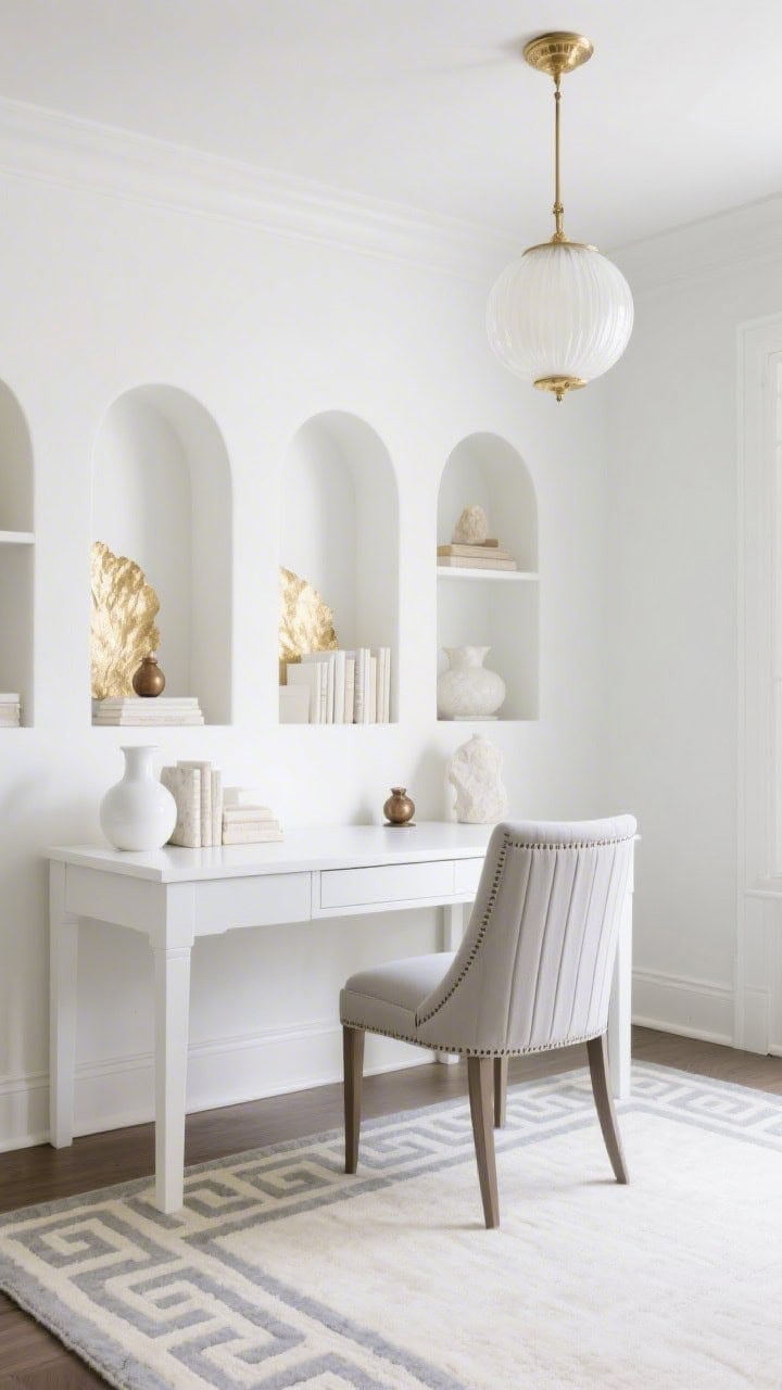 Straight-on medium shot: A white Deco study with crisp gallery white walls featuring a series of arched niches, each lined with subtle gold leaf catching the light; a white lacquer parsons desk centered with a channel-tufted chair in soft dove gray; a pale gray and cream Greek key rug underfoot; accents include white ceramic vessels, pale stone bookends, and small bronzes; a milk-glass globe pendant with brass canopy provides gentle, diffuse lighting; bright, quietly glam, no people.