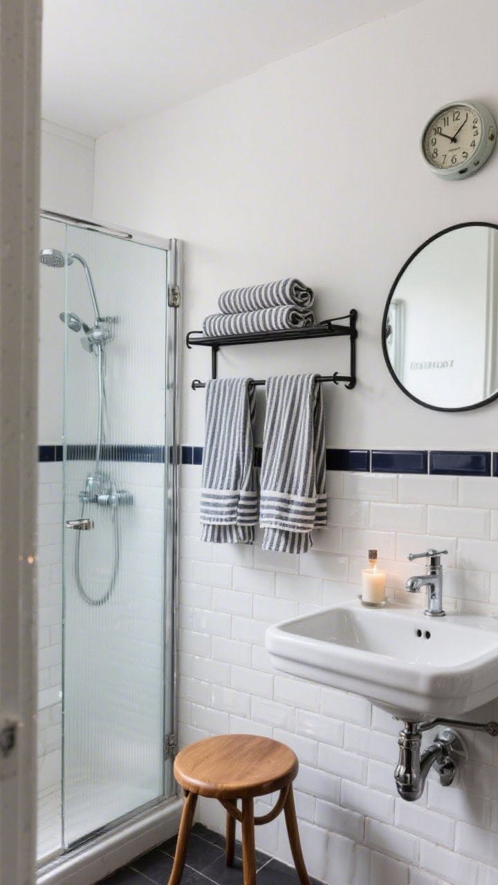 Straight-on medium shot of a café-inspired bath wall: classic white metro tiles with dark charcoal grout, ribbed-glass shower screen with chrome framing, bistro-striped towels hanging neatly, a black metal shelf above the loo with rolled linens, a round pivot mirror centered, a bentwood stool beside the sink holding a candle and hand cream, an enamel café-style wall clock; clean, lively light, subtle reflections, photorealistic.