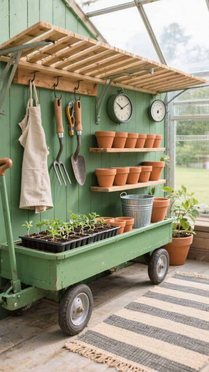 Straight-on medium shot of a tidy potting zone in bright, diffused daylight: a greenhouse green–painted wagon meticulously organized with terracotta pots sorted by size and trays of seedlings. A narrow peg rail along the side hangs trowels and snips. On top, a removable slatted pine shelf improves air circulation; a galvanized steel bin holds soil. A striped outdoor rug beneath anchors the area. Palette of glasshouse green, terracotta, steel gray, and oat; materials galvanized steel, pine slats, canvas aprons. Finishing touch: clip-on clock and temperature gauge attached to the wagon’s side.
