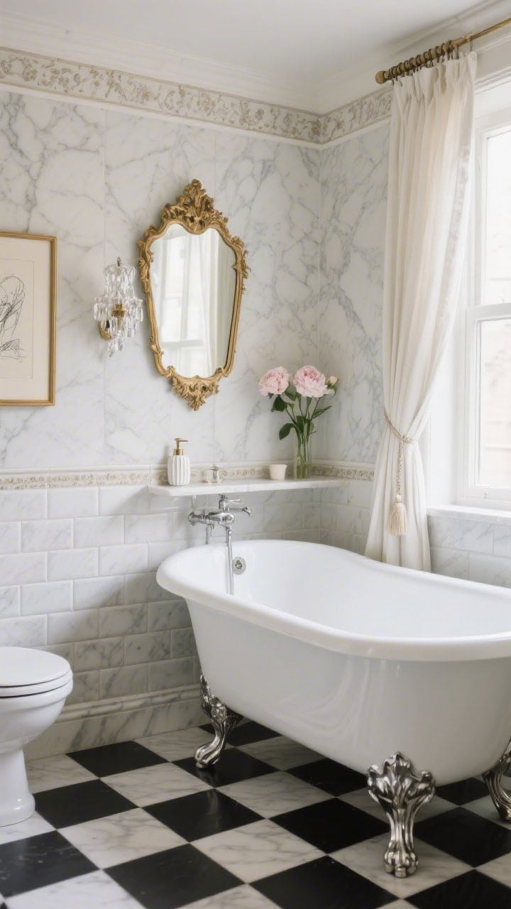 Straight-on medium shot: Parisian classic bathroom with petite black-and-white checkerboard floor; Carrara marble subway walls crowned with a decorative chair rail tile; freestanding white clawfoot tub with polished nickel feet; cafe curtains filtering light; gilded vintage mirror and antique-style crystal sconce; framed sketch art, fluted soap dispenser, peony stems on a small shelf; soft, elegant daylight; photorealistic.